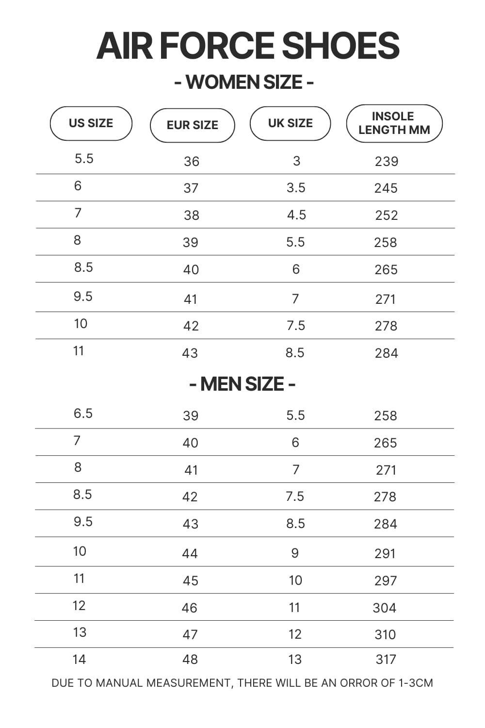 Air Force Shoes Size Chart - Demon Slayer Gifts