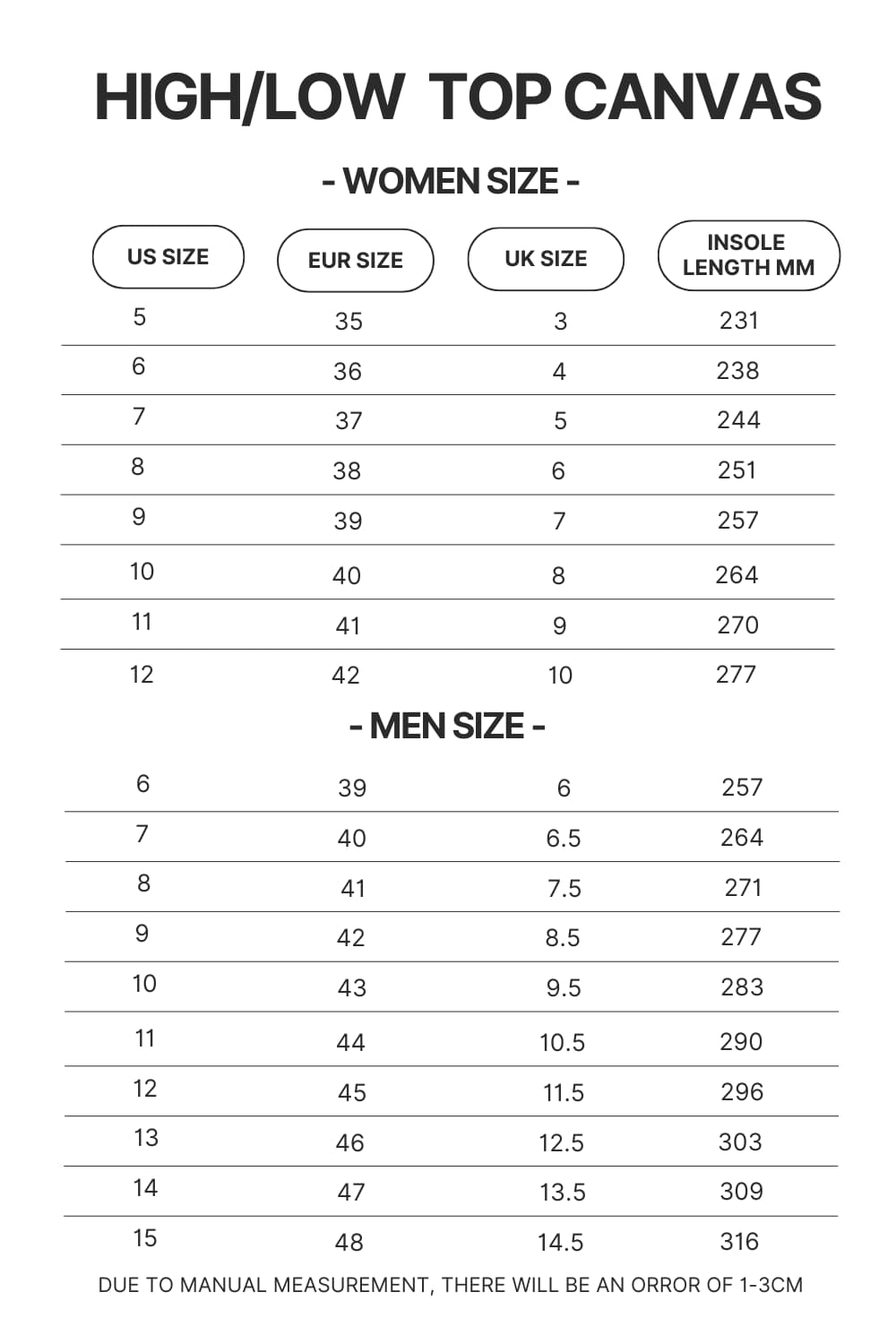 High Top Low Top Canvas Shoes Size Chart - Demon Slayer Gifts