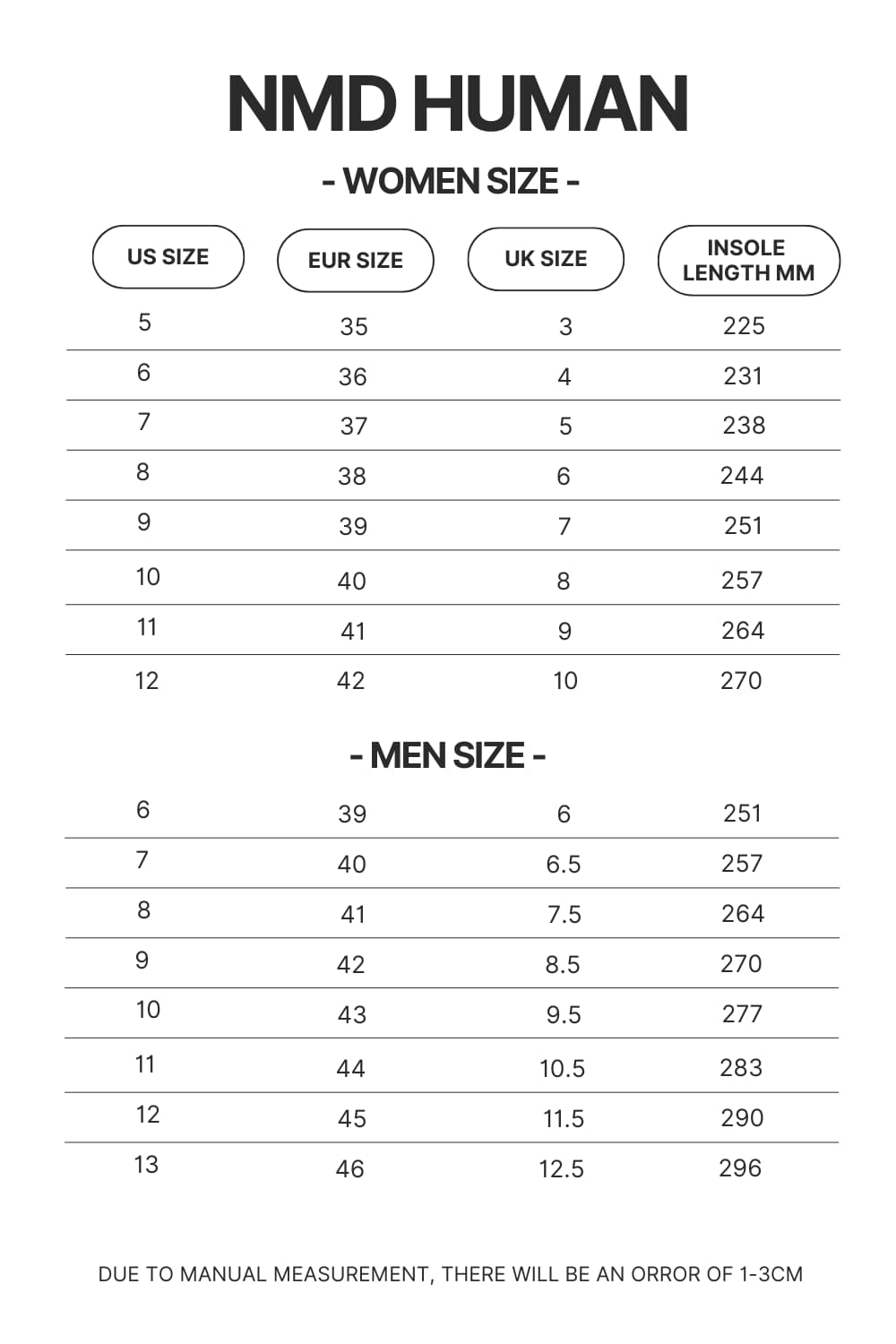 NMD Human Shoes Size Chart - Demon Slayer Gifts