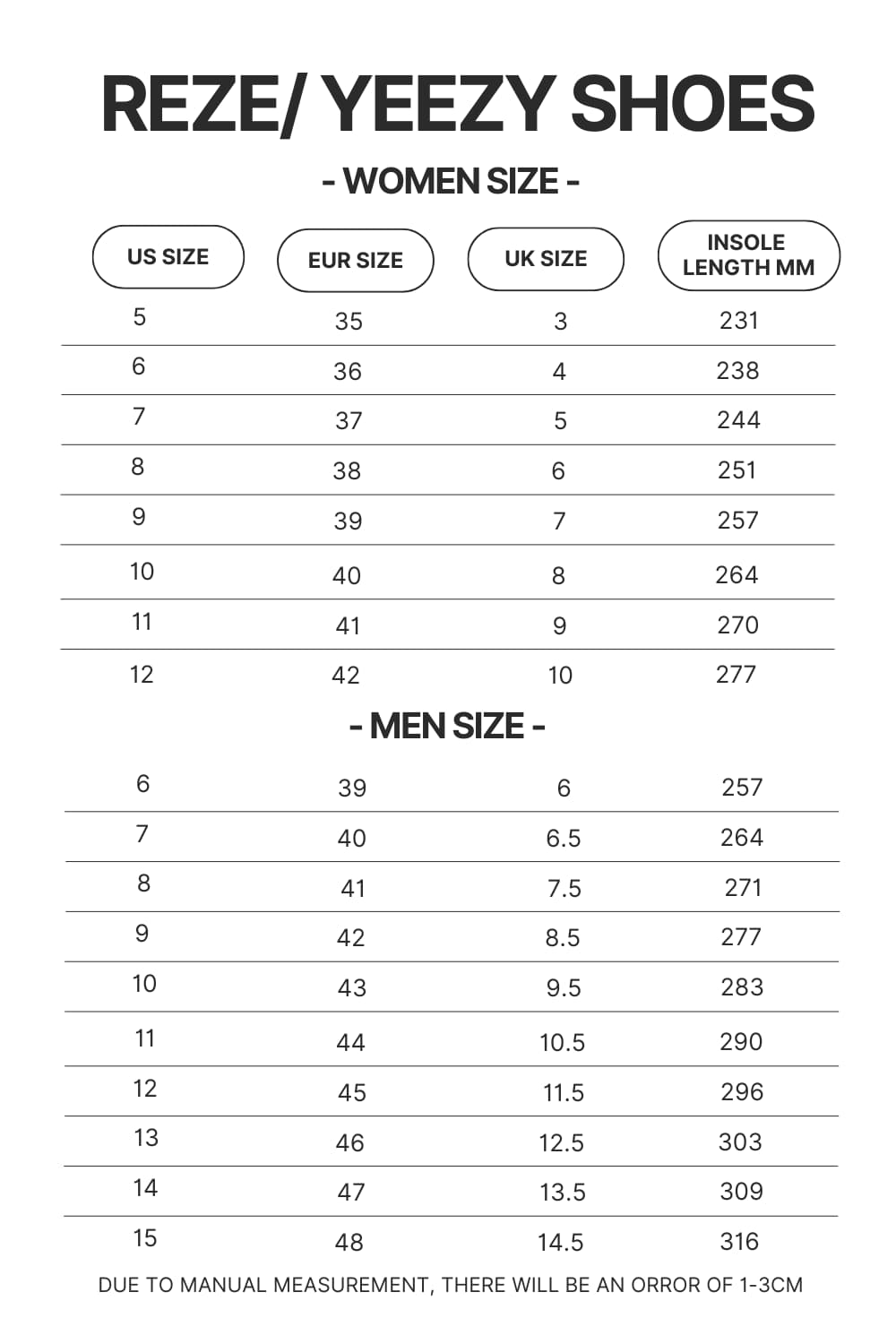 Reze Yeezy Shoes Size Chart - Demon Slayer Gifts