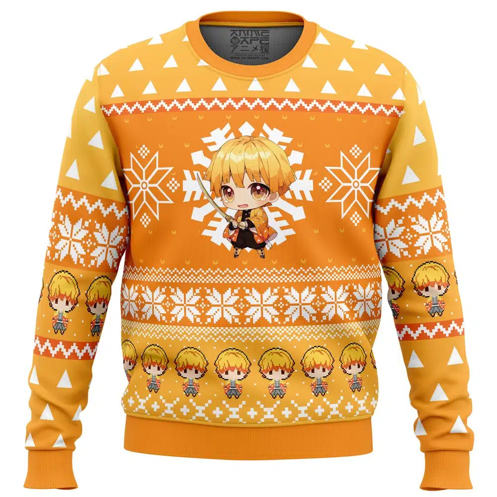 Chibi Christmas Zenitsu Agatsuma DS PC Ugly Christmas Sweater front mockup - Demon Slayer Gifts